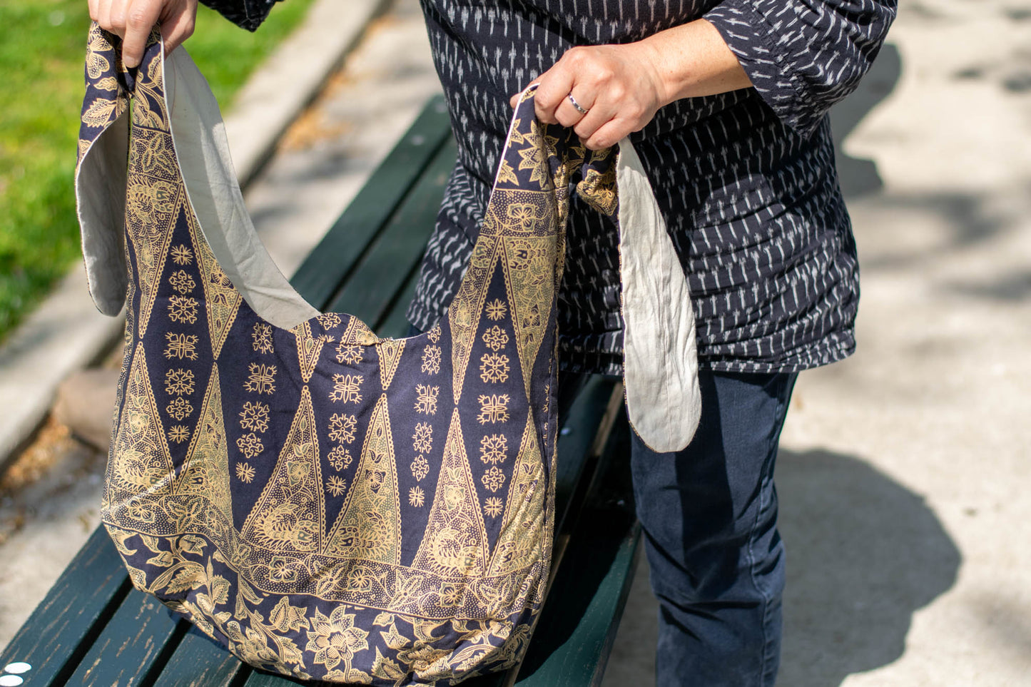 Reversible Shoulder Tie Sac Made from Salvaged Fabric — Dark Blue and Beige Botanical