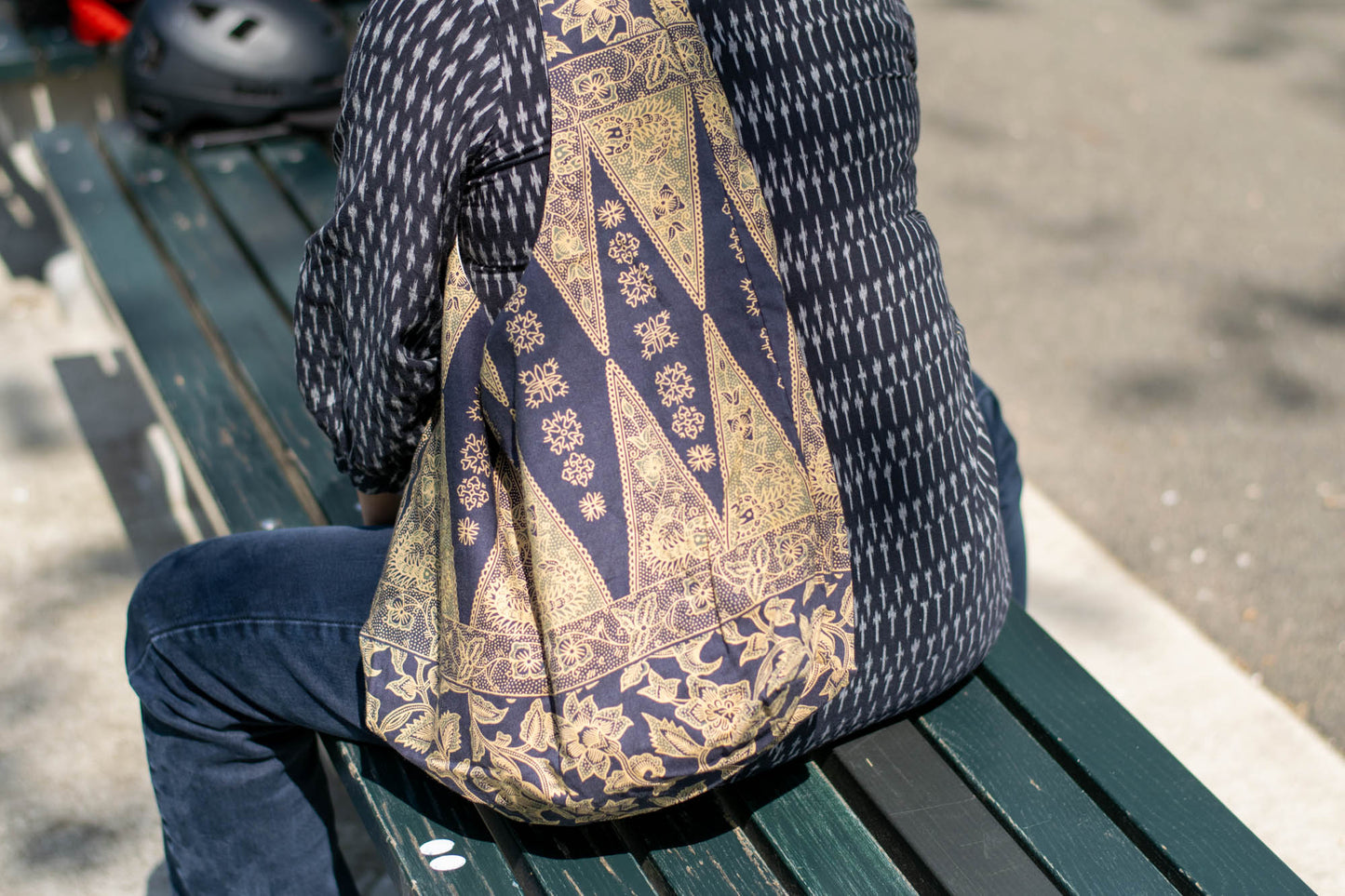 Reversible Shoulder Tie Sac Made from Salvaged Fabric — Dark Blue and Beige Botanical