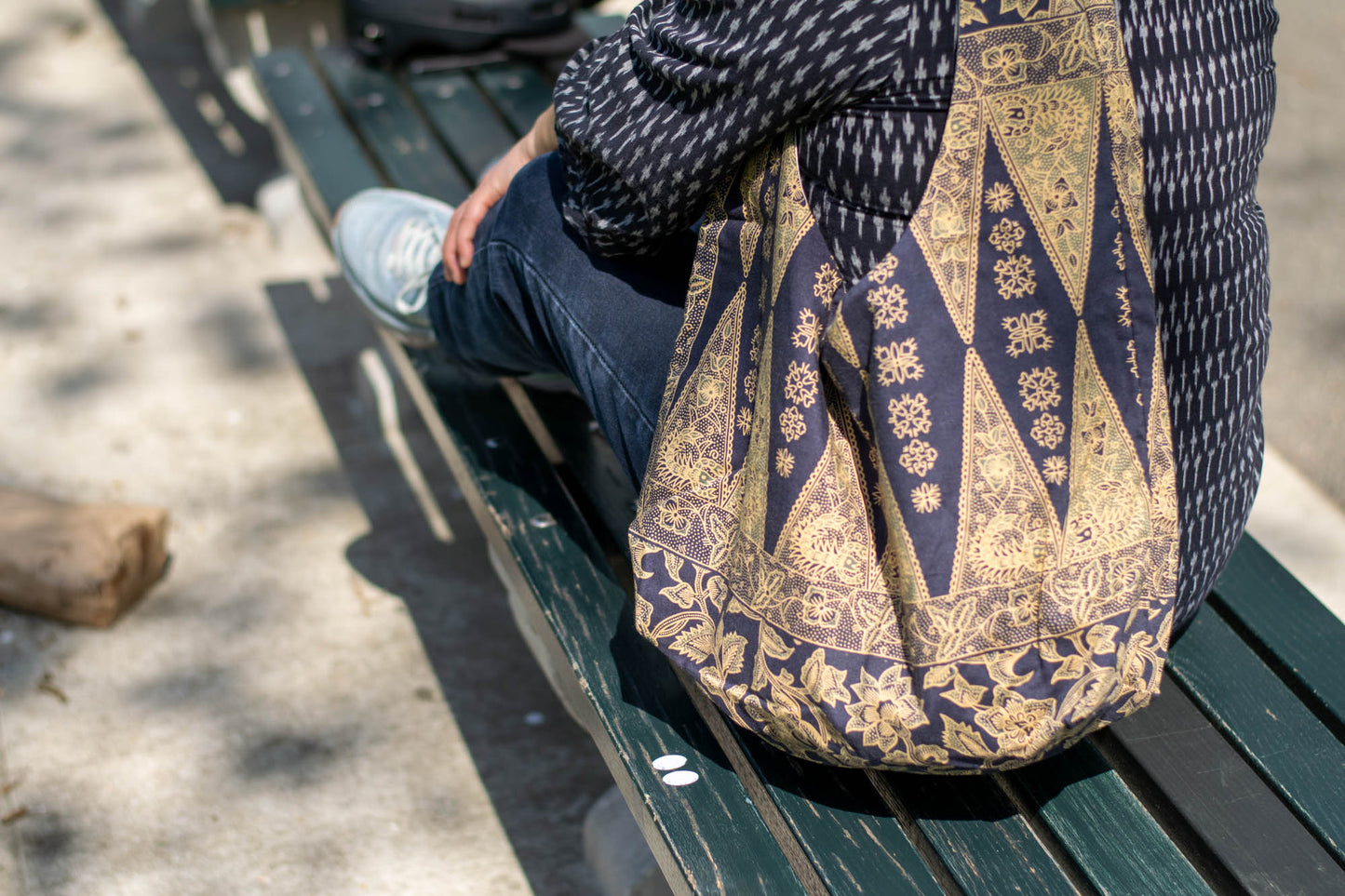 Reversible Shoulder Tie Sac Made from Salvaged Fabric — Dark Blue and Beige Botanical