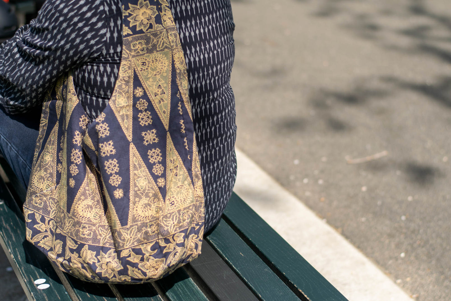 Reversible Shoulder Tie Sac Made from Salvaged Fabric — Dark Blue and Beige Botanical