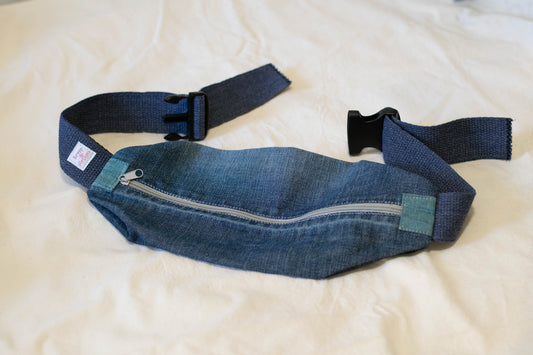 Sling Bag/Waist Pouch Made from Reclaimed Materials — Gray Zipper and Blue Fabric