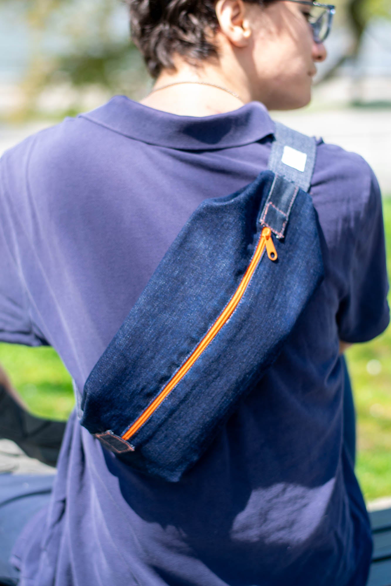 Sling Bag/Waist Pouch Made from Reclaimed Materials — Orange Zipper