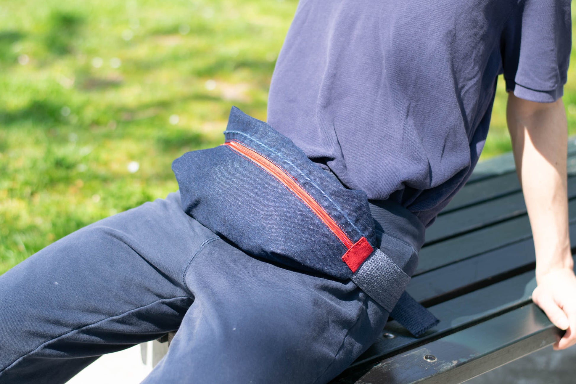 Denim Sling Bag Red Zipper-2