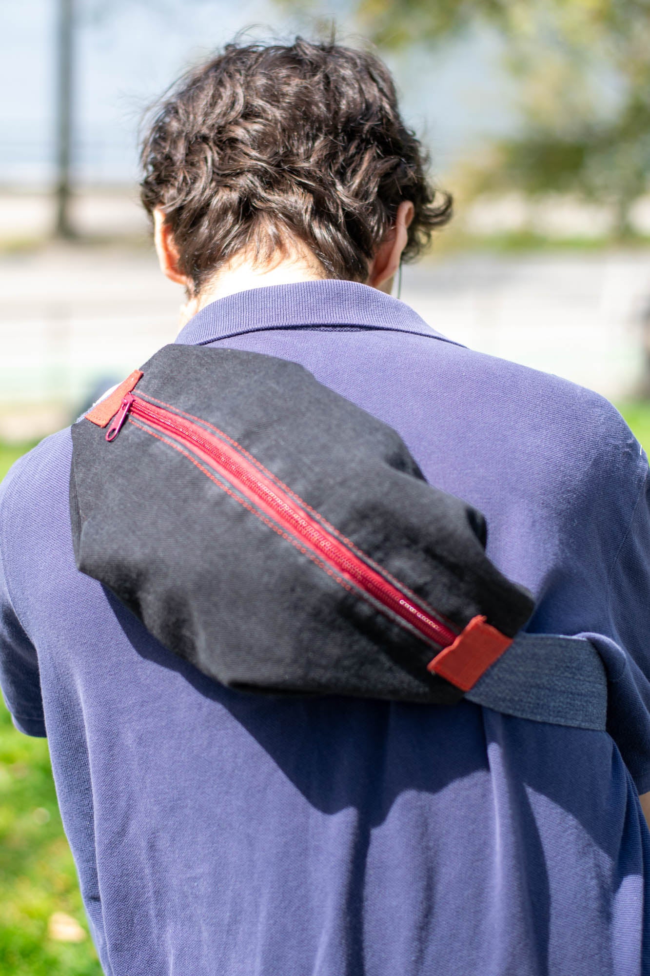Sling Bag/Waist Pouch Made from Reclaimed Materials — Maroon Zipper and Brick Red Fabric