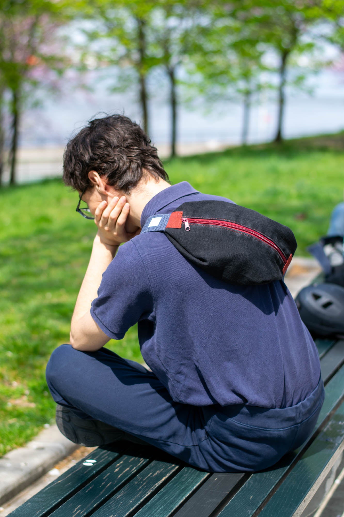 Sling Bag/Waist Pouch Made from Reclaimed Materials — Maroon Zipper and Brick Red Fabric