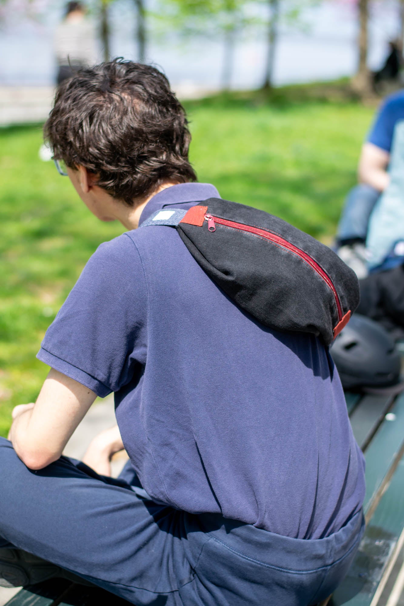Sling Bag/Waist Pouch Made from Reclaimed Materials — Maroon Zipper and Brick Red Fabric