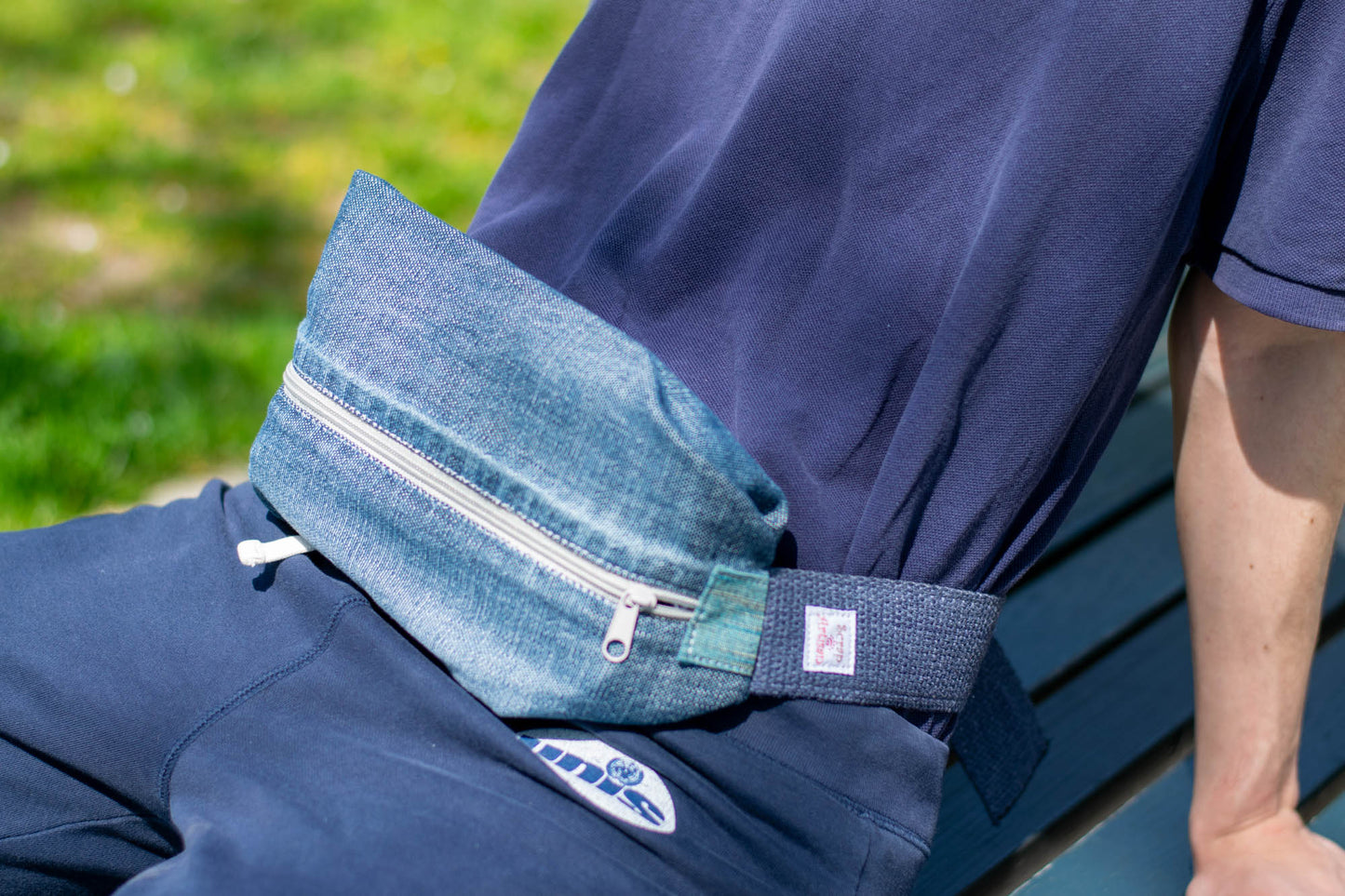 Sling Bag/Waist Pouch Made from Reclaimed Materials — Gray Zipper and Blue Fabric