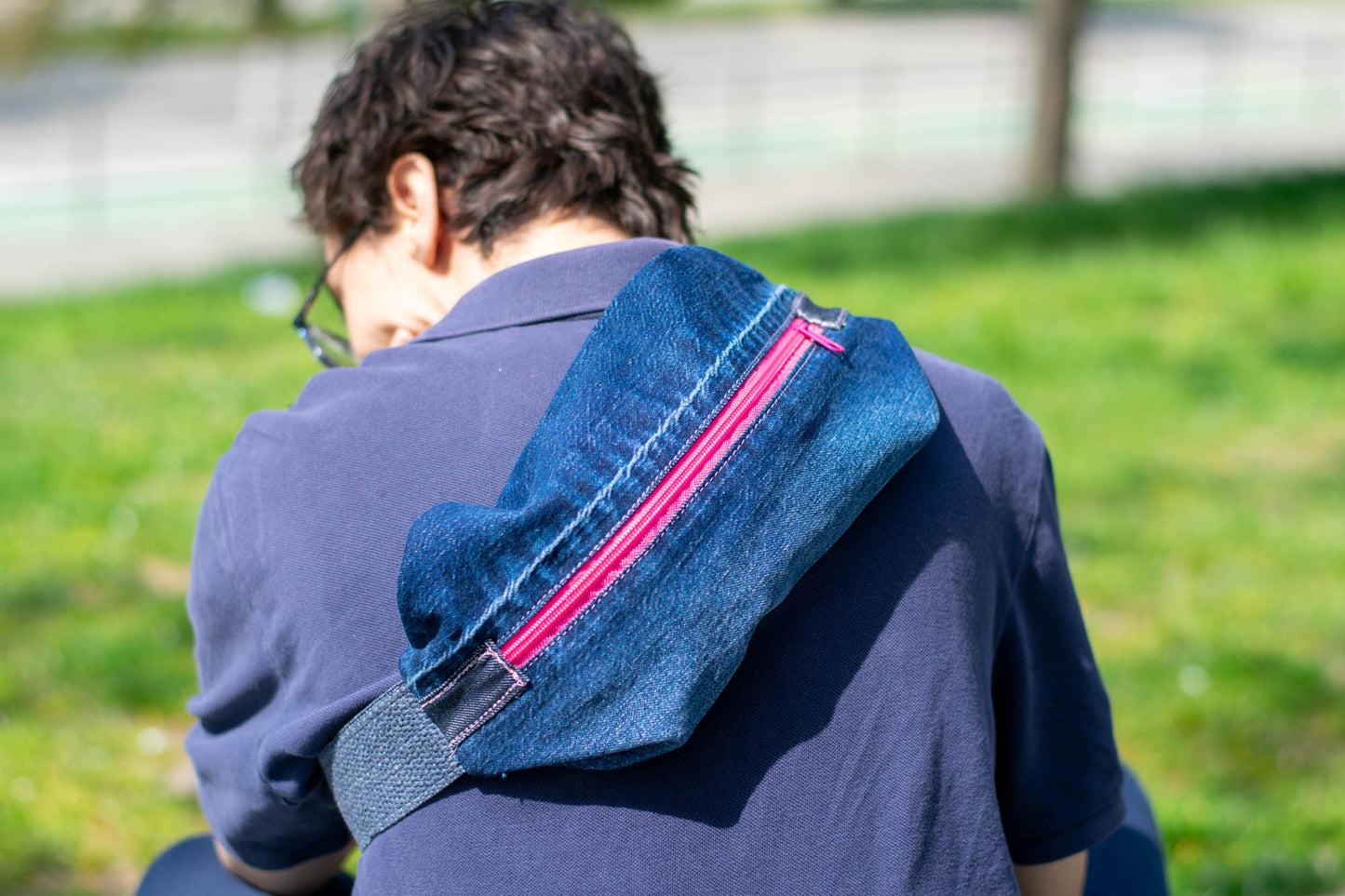 Denim Sling Bag Pink Zipper-2