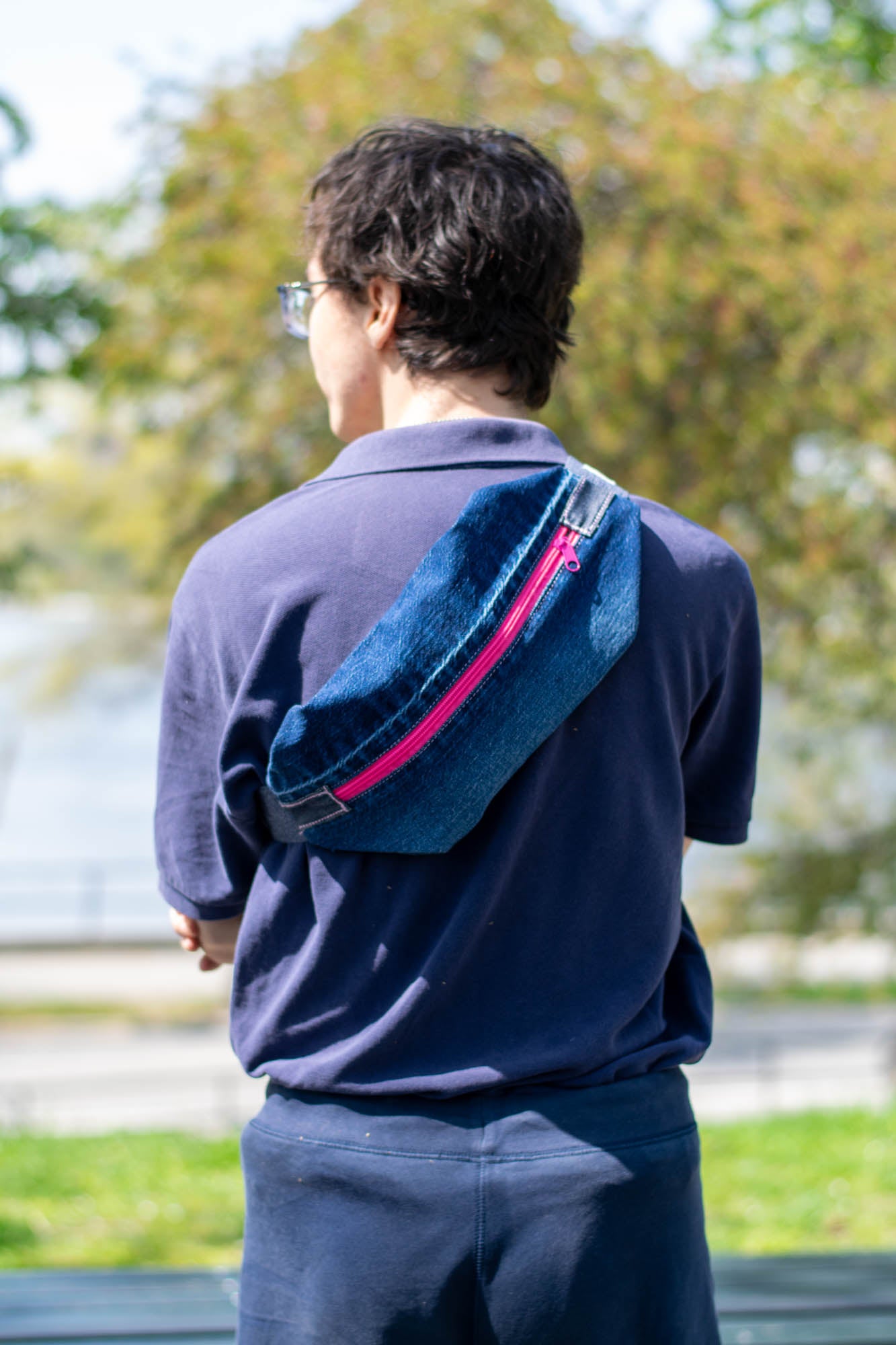 Denim Sling Bag Pink Zipper-3