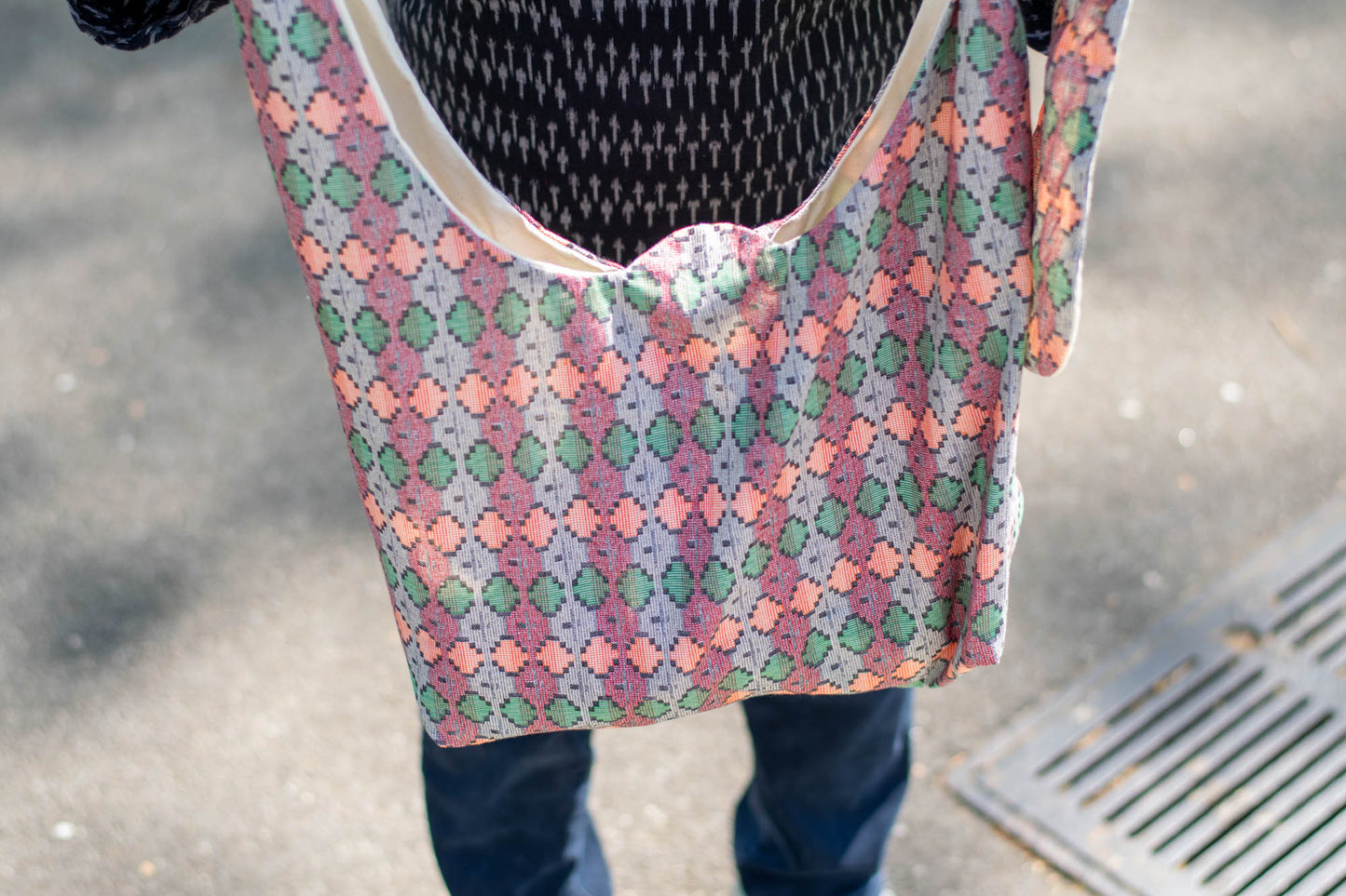 Reversible Shoulder Tie Sac Made from Salvaged Fabric — Nepali Tribal Print