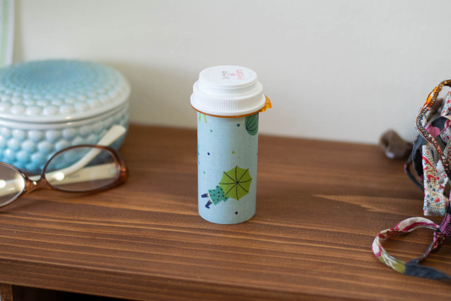 Upcycled Prescription Bottle Sewing Kit — Umbrella Kids on Blue #0501012