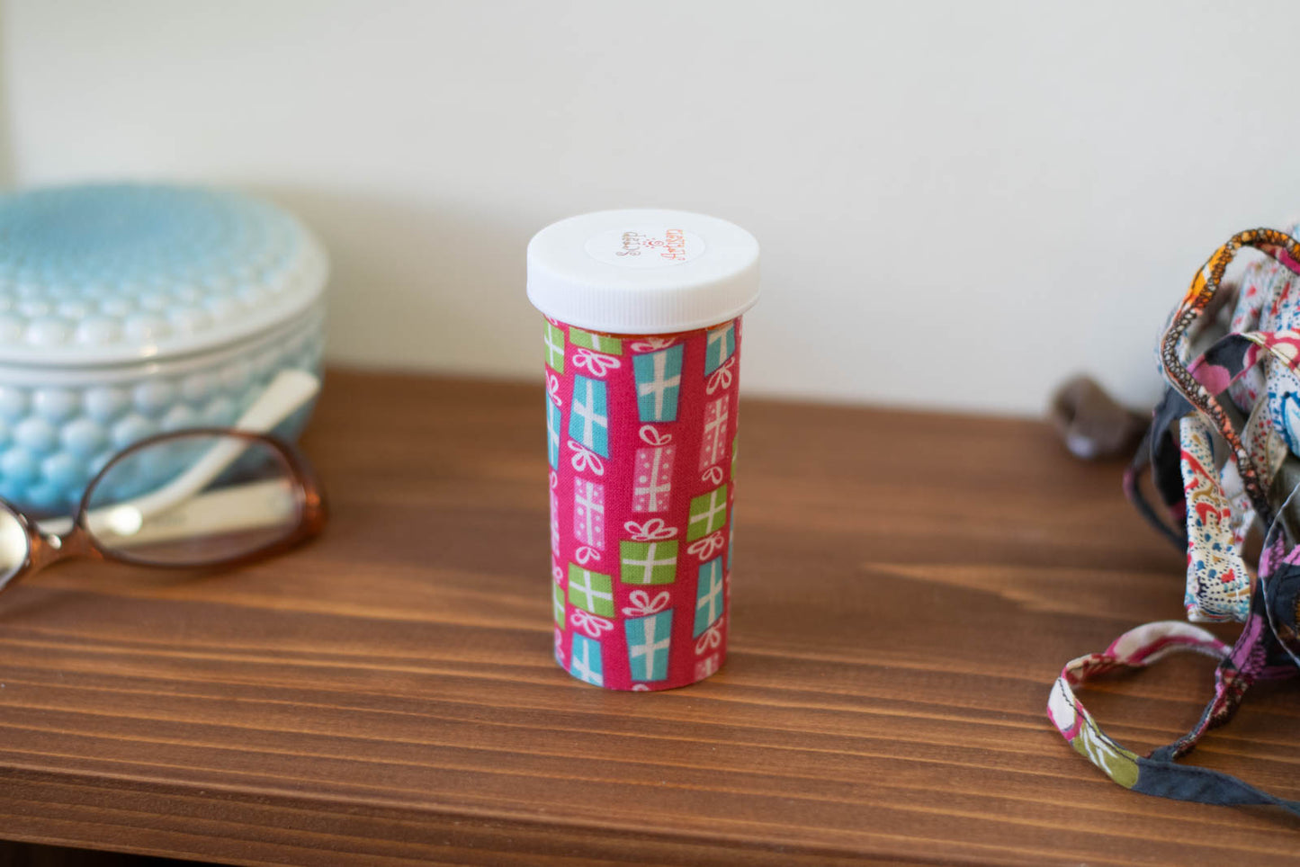 Upcycled Prescription Bottle Sewing Kit — Gift Boxes on Pink, 3.75" high, closed