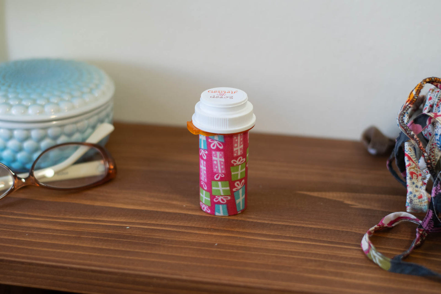 Upcycled Prescription Bottle Sewing Kit — Gift Boxes on Pink, 3.25" high, closed