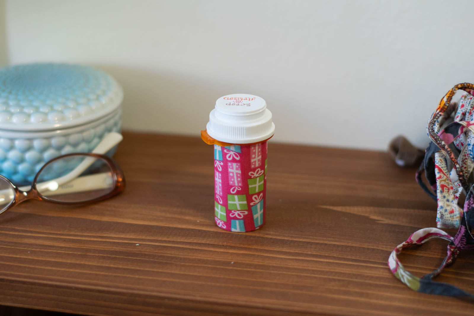 Upcycled Prescription Bottle Sewing Kit — Gift Boxes on Pink, 3.25" high, closed