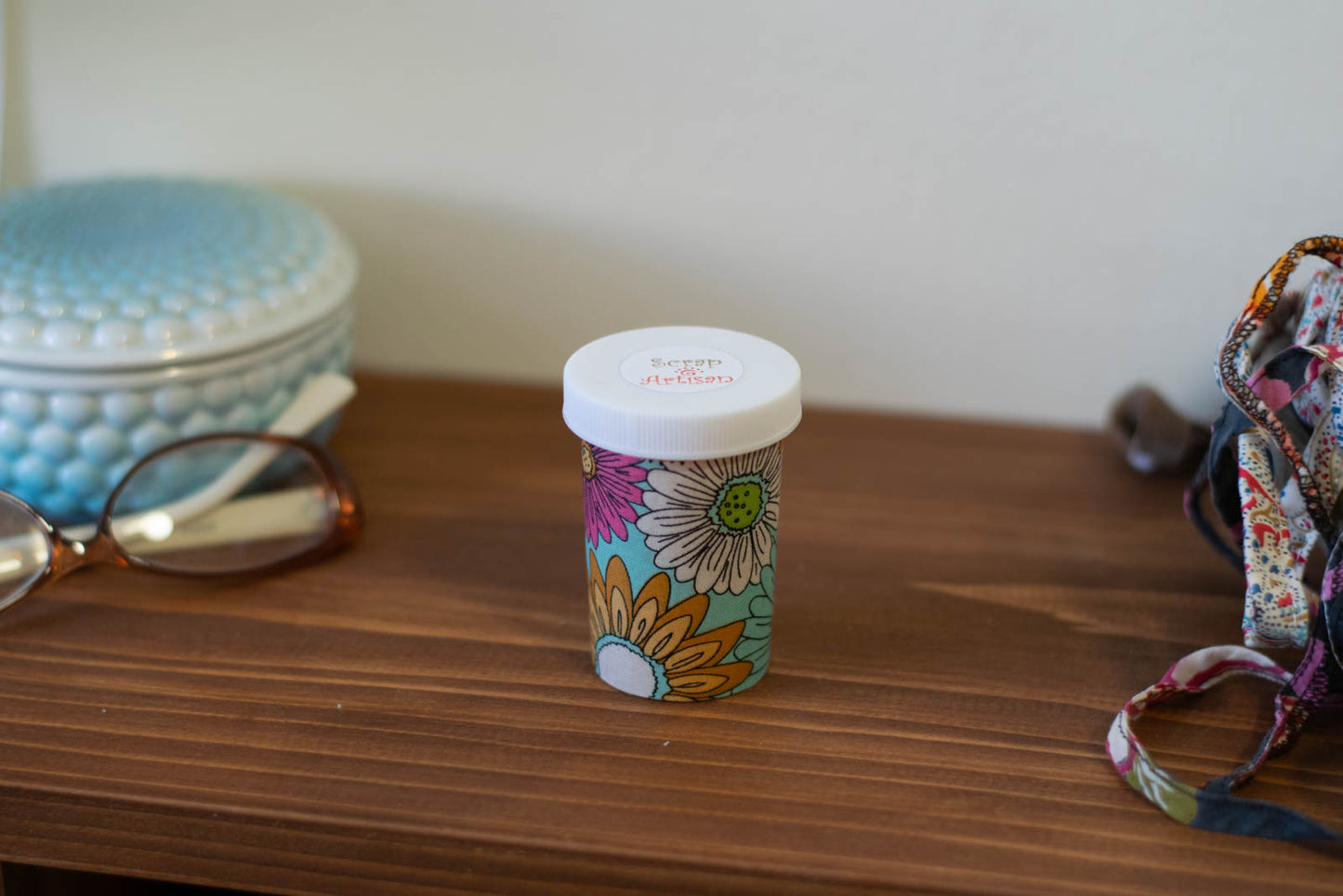 Upcycled Prescription Bottle Sewing Kit — Pink, Ochre and White Flowers on Light Blue, 2.75" high, closed