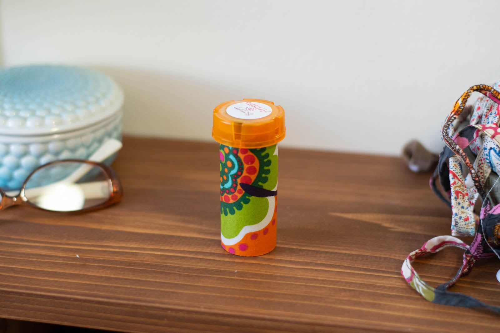 Upcycled Prescription Bottle Sewing Kit — Large Flower Print, 3.25" high, lid closed
