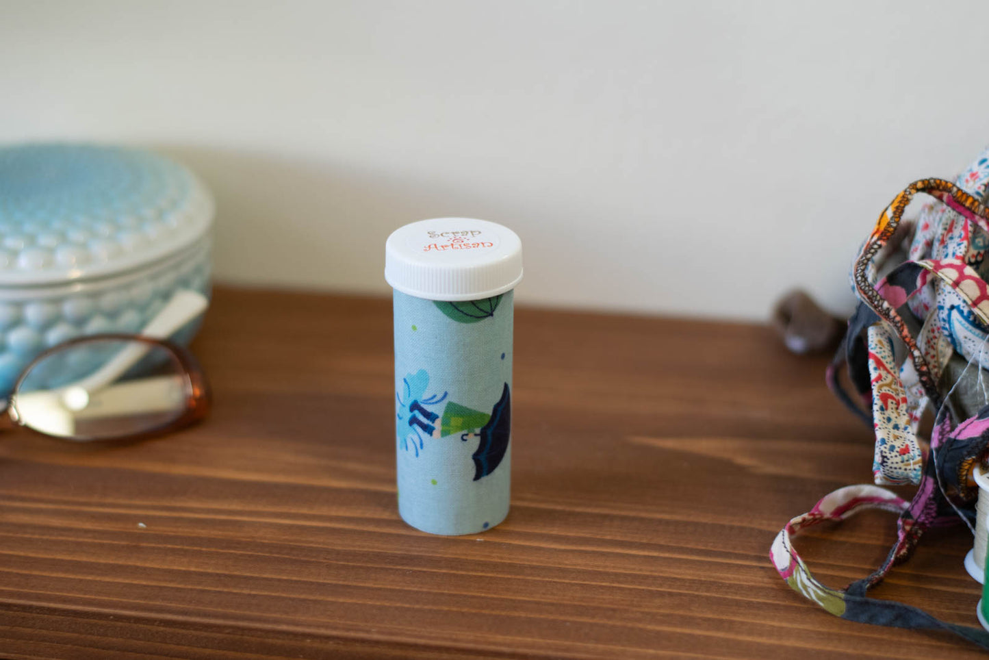 Upcycled Prescription Bottle Sewing Kit — Umbrella Kids on Blue #0501012