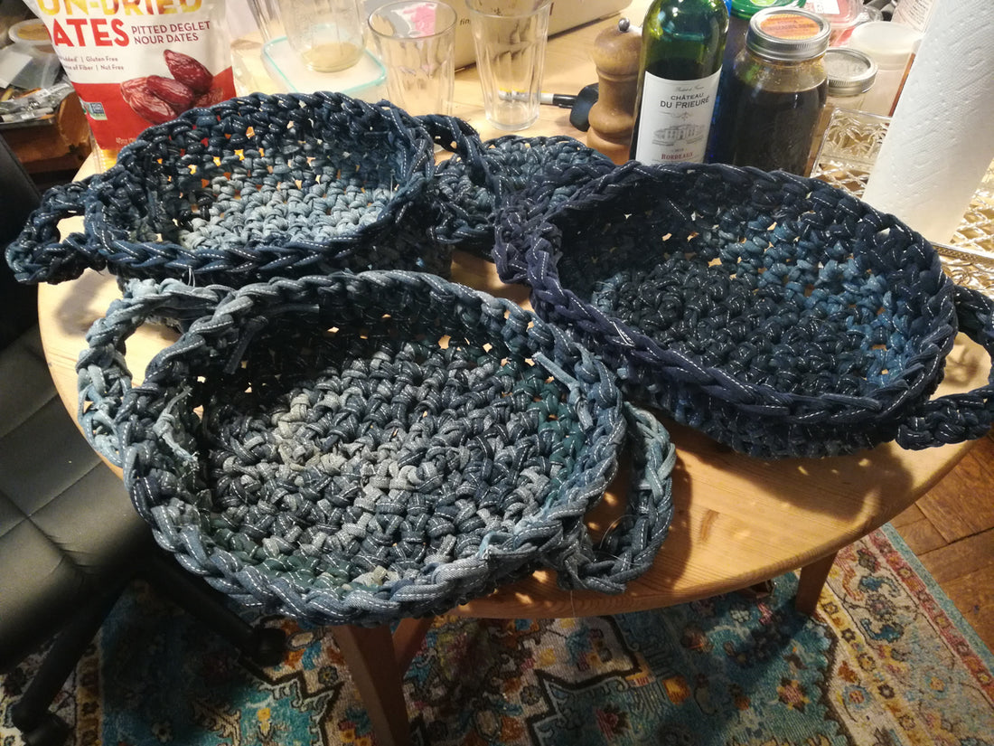 Crocheted Baskets Made from Old Jeans