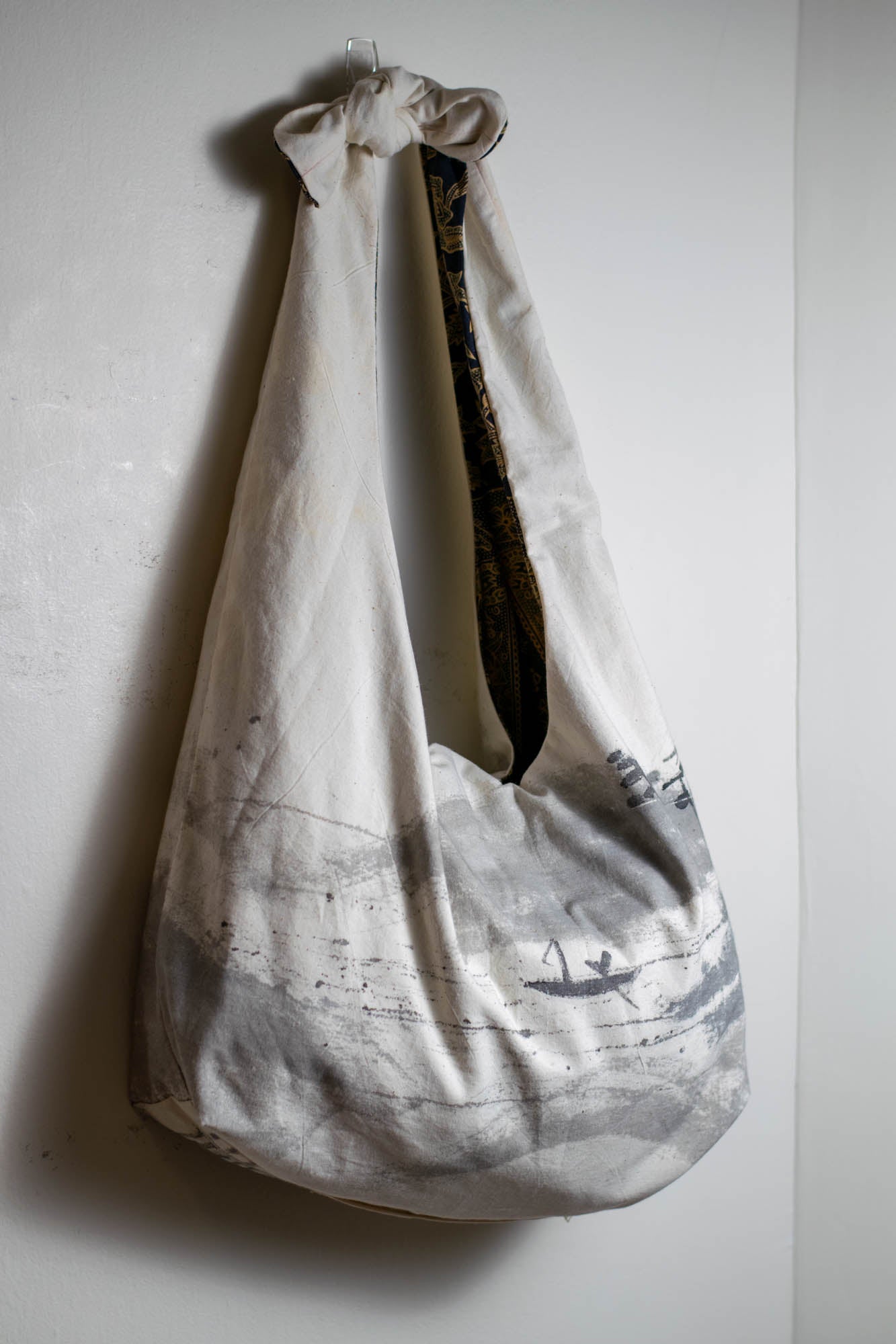 Reversible Shoulder Tie Sac Made from Salvaged Fabric — Dark Blue and Beige Botanical