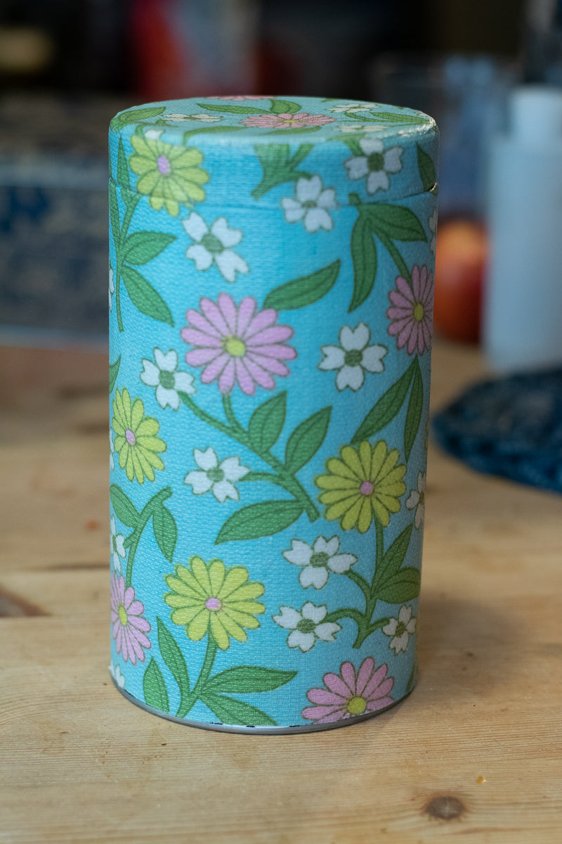 Salvaged Fabric Wrapped Tea Canister — Pop 70's Style Flower on Blue
