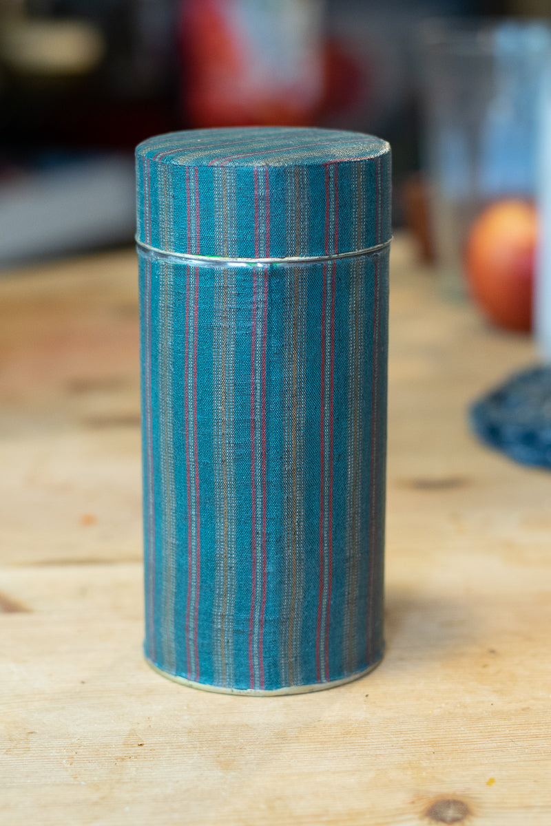 Salvaged Fabric Wrapped Tea Canister — Blue Striped Kimono #0200003