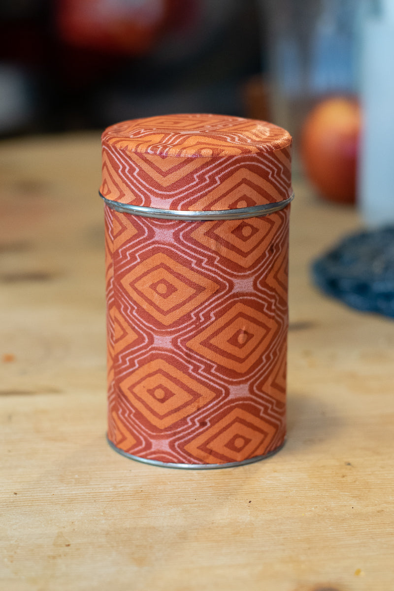 Salvaged Fabric Wrapped Tea Canister — Orange Geometric