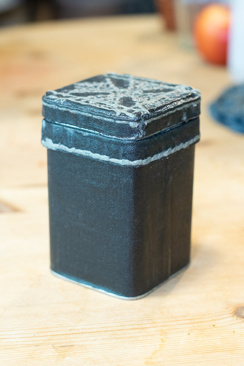 Salvaged Fabric Wrapped Tea Canister  — Denim side