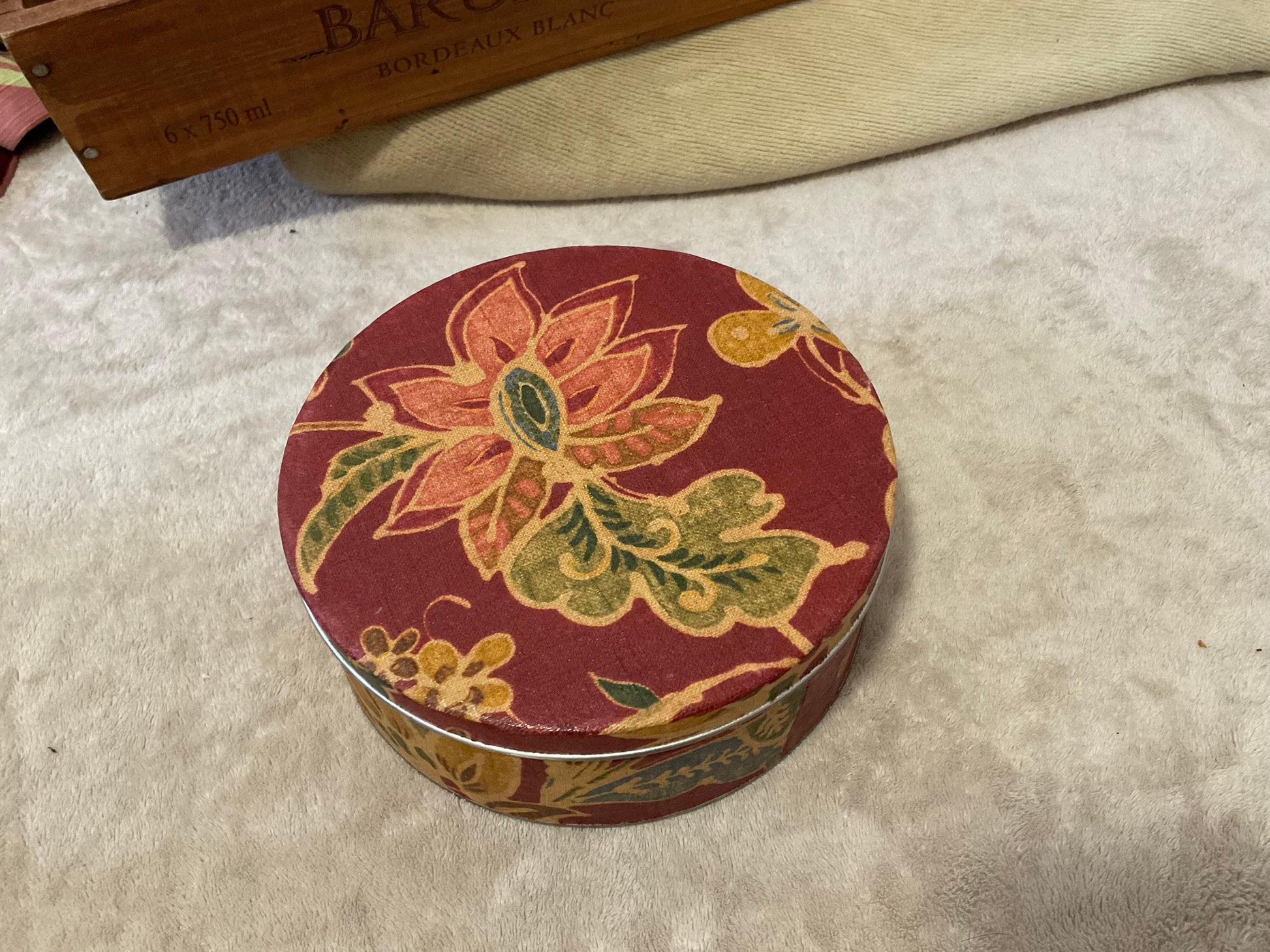 Salvaged Fabric Wrapped Cookie Tin — Large Flowers on Red, above