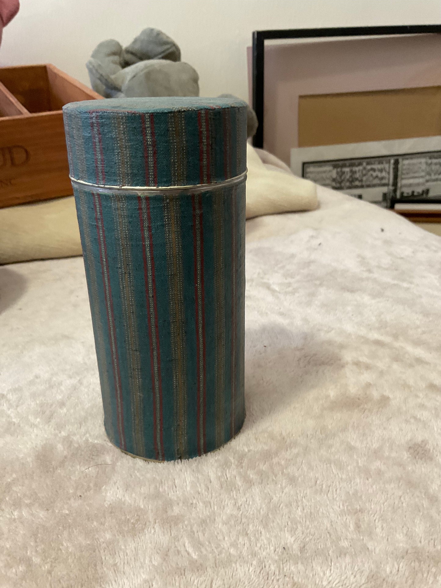 Salvaged Fabric Wrapped Tea Canister — Blue Striped Kimono #0200003