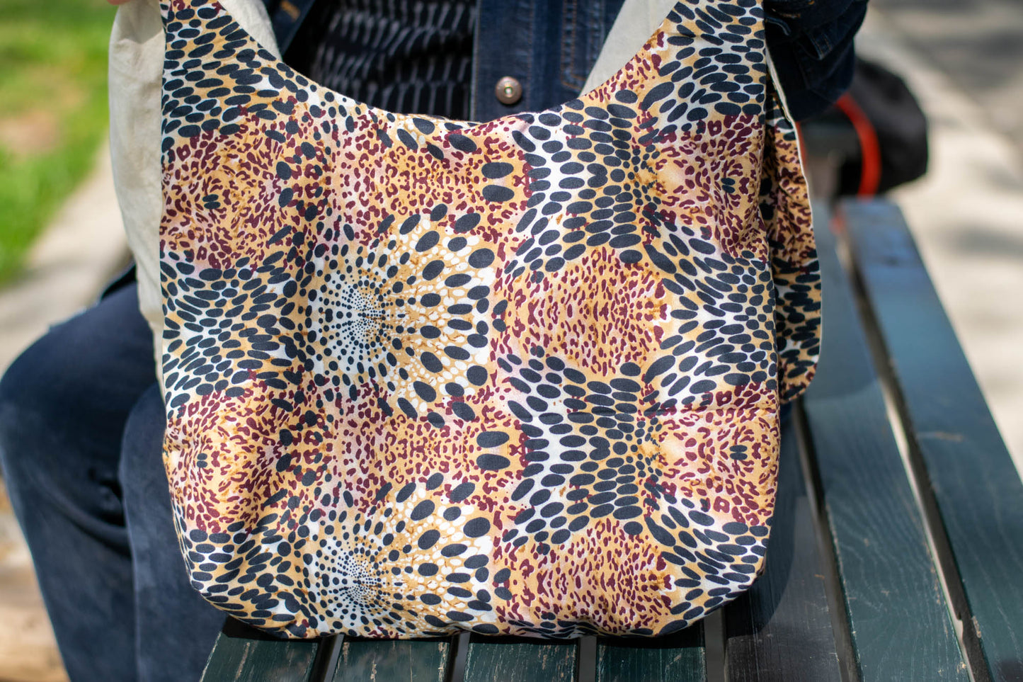 Reversible Shoulder Tie Sac Made from Salvaged Fabric — Leopard Print