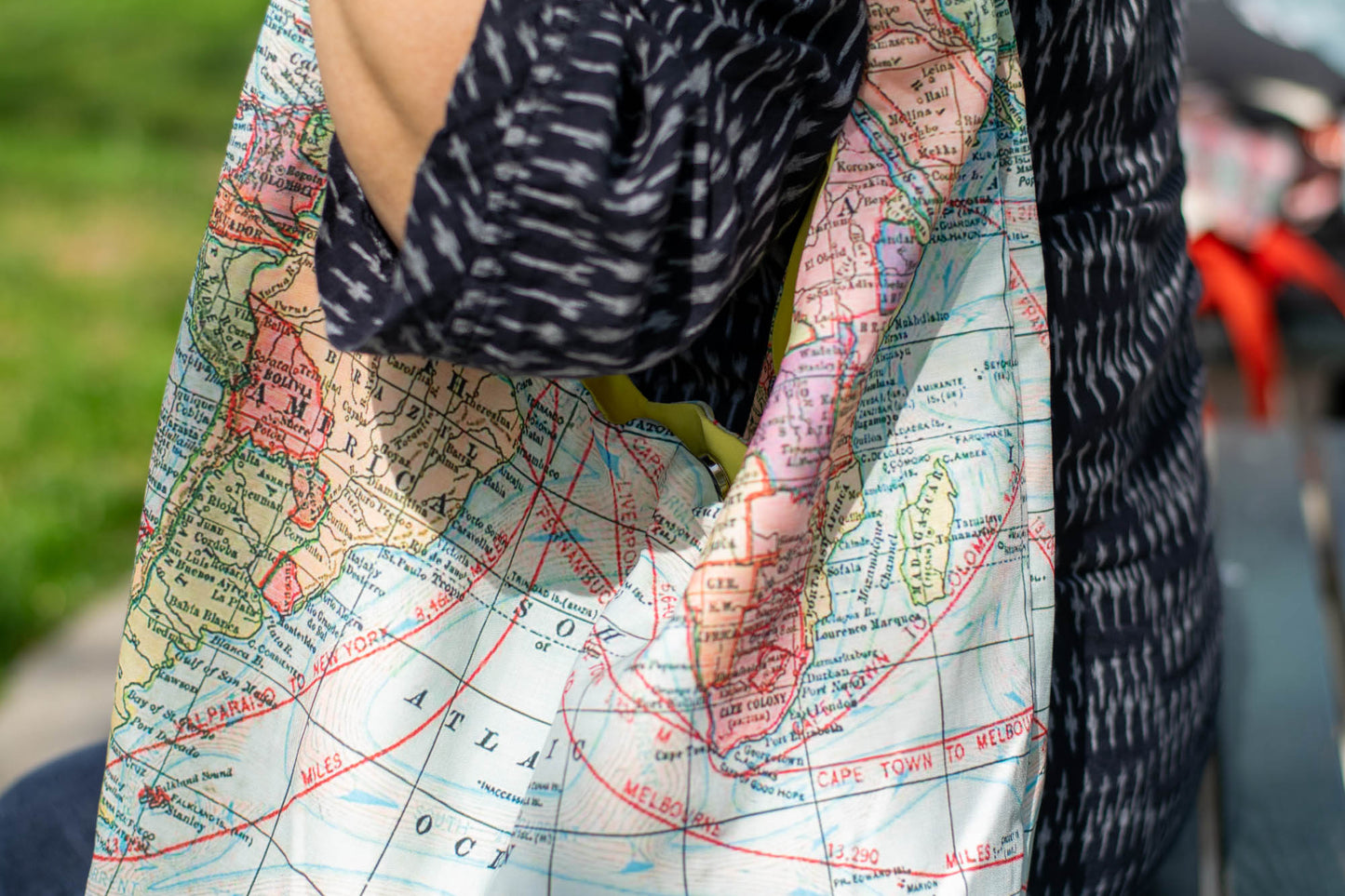 Reversible Shoulder Tie Sac Made from Salvaged Fabric — World Map
