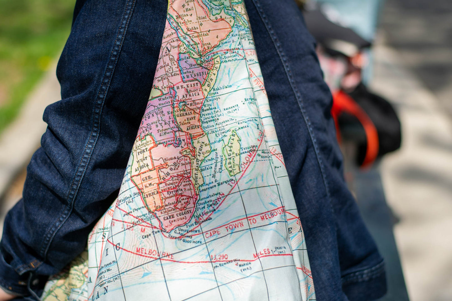 Reversible Shoulder Tie Sac Made from Salvaged Fabric — World Map