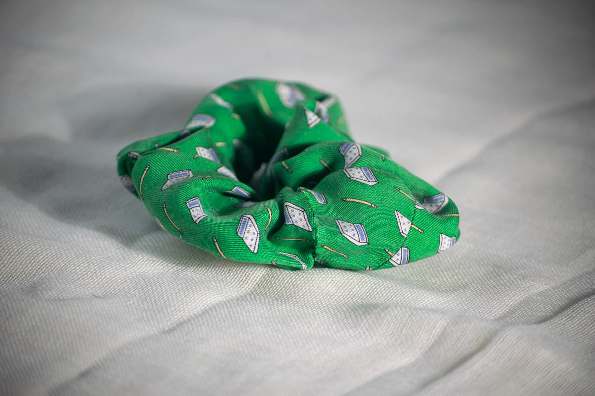 Scrunchie Made from A Necktie — Calculators and Pens on Green-3