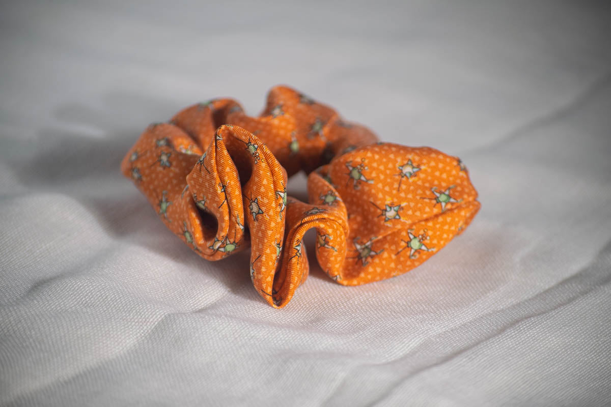 Scrunchie Made from A Necktie — Tiny Figures on Orange-2