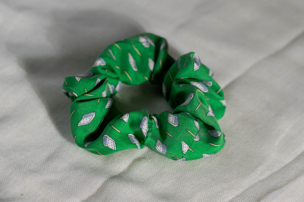 Scrunchie Made from A Necktie — Calculators and Pens on Green-2
