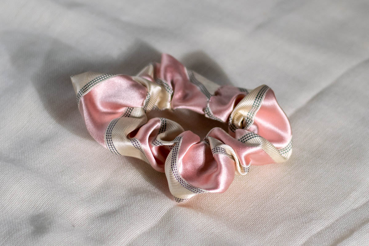 Scrunchie Made from A Necktie — Pink and White Stripes-2