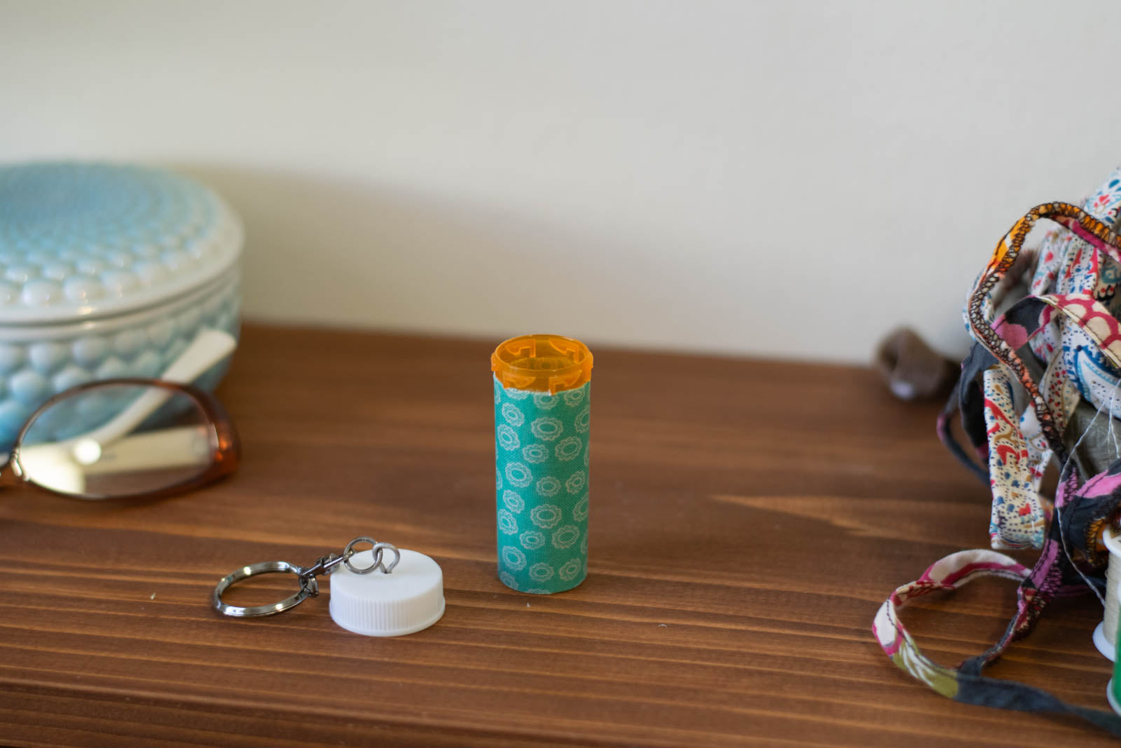 Upcycled Prescription Bottle Key Holders — White Rings on Teal, open