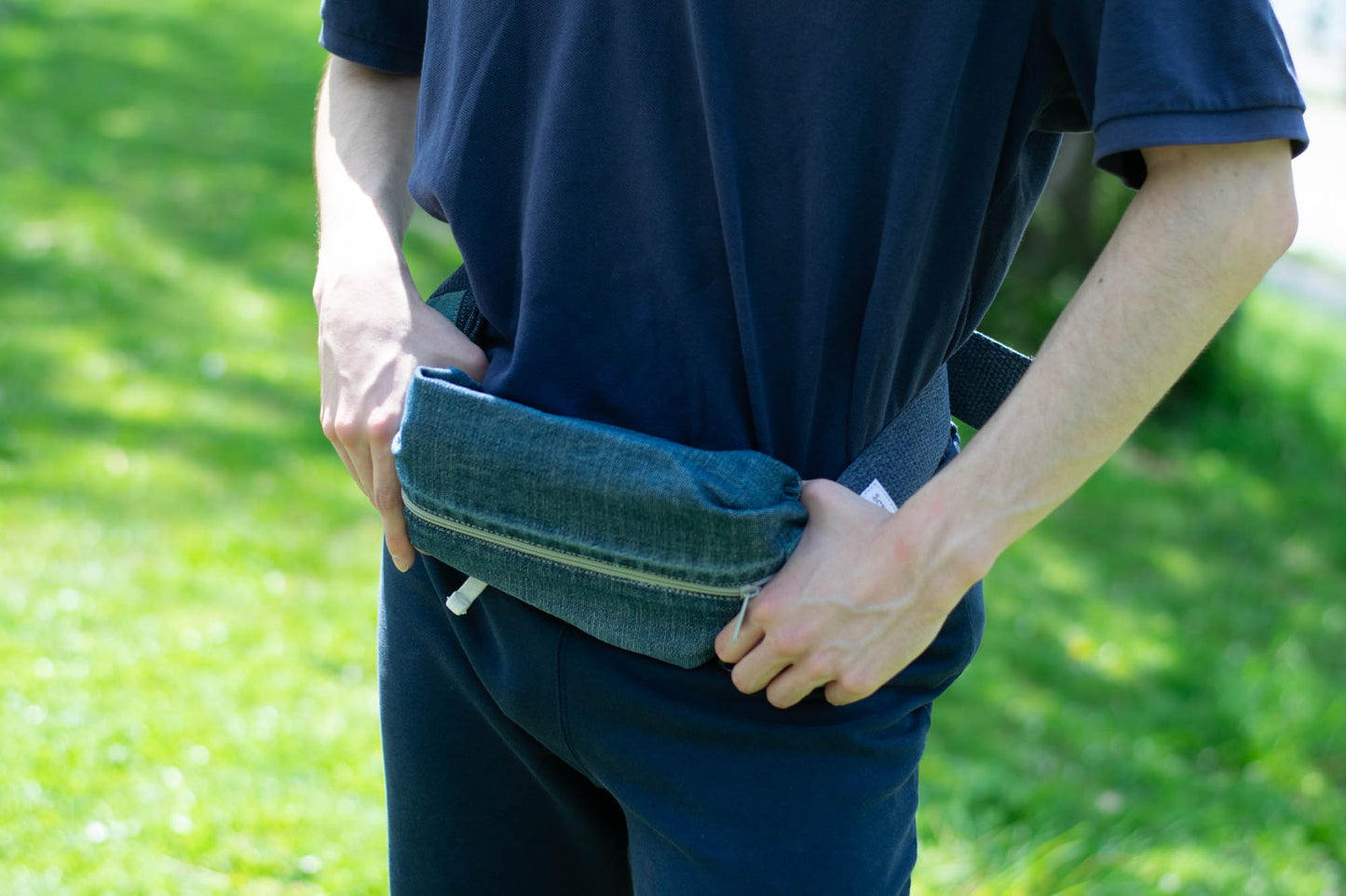 Sling Bag/Waist Pouch Made from Reclaimed Materials — Gray Zipper and Blue Fabric