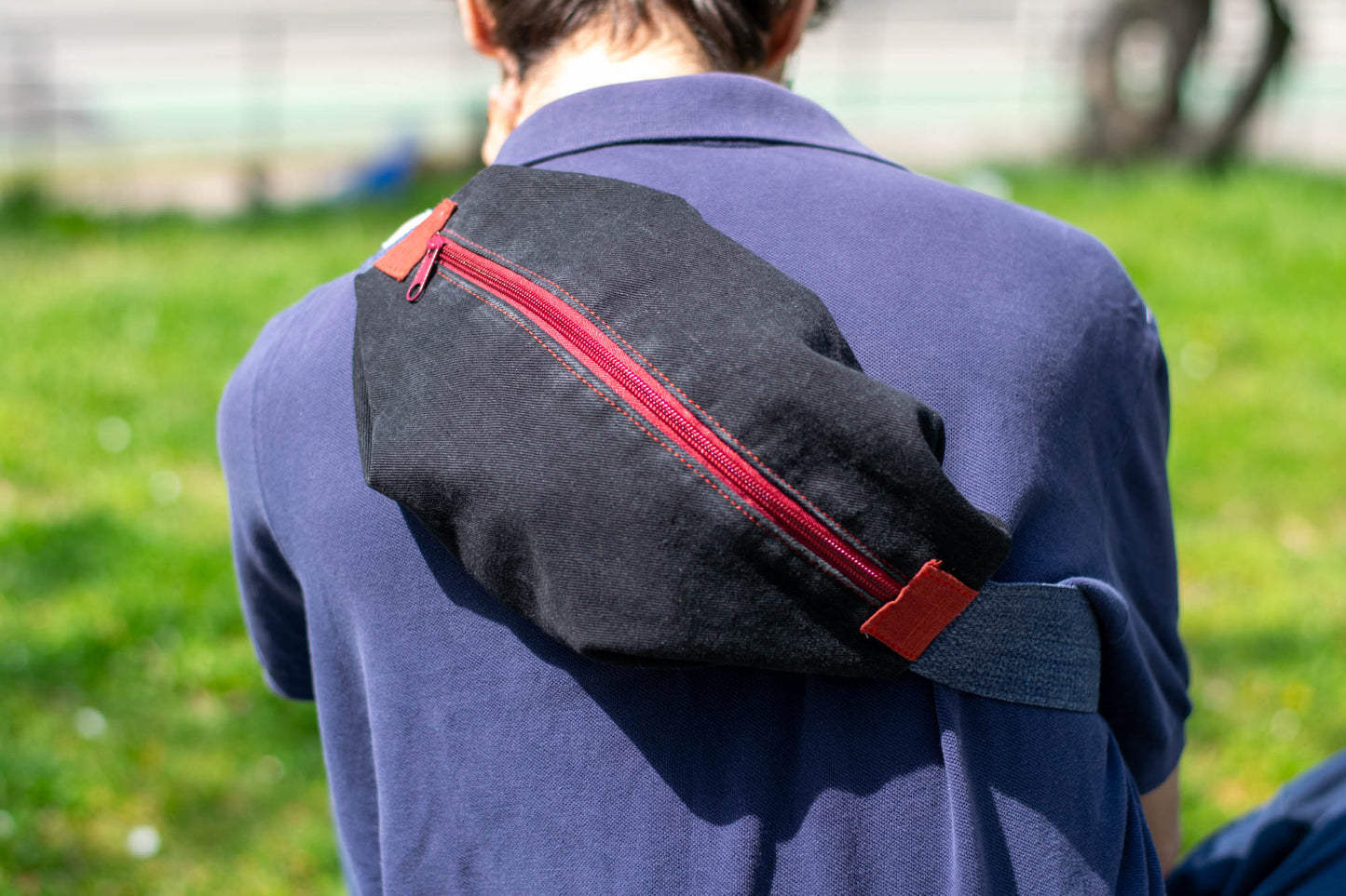 Sling Bag/Waist Pouch Made from Reclaimed Materials — Maroon Zipper and Brick Red Fabric