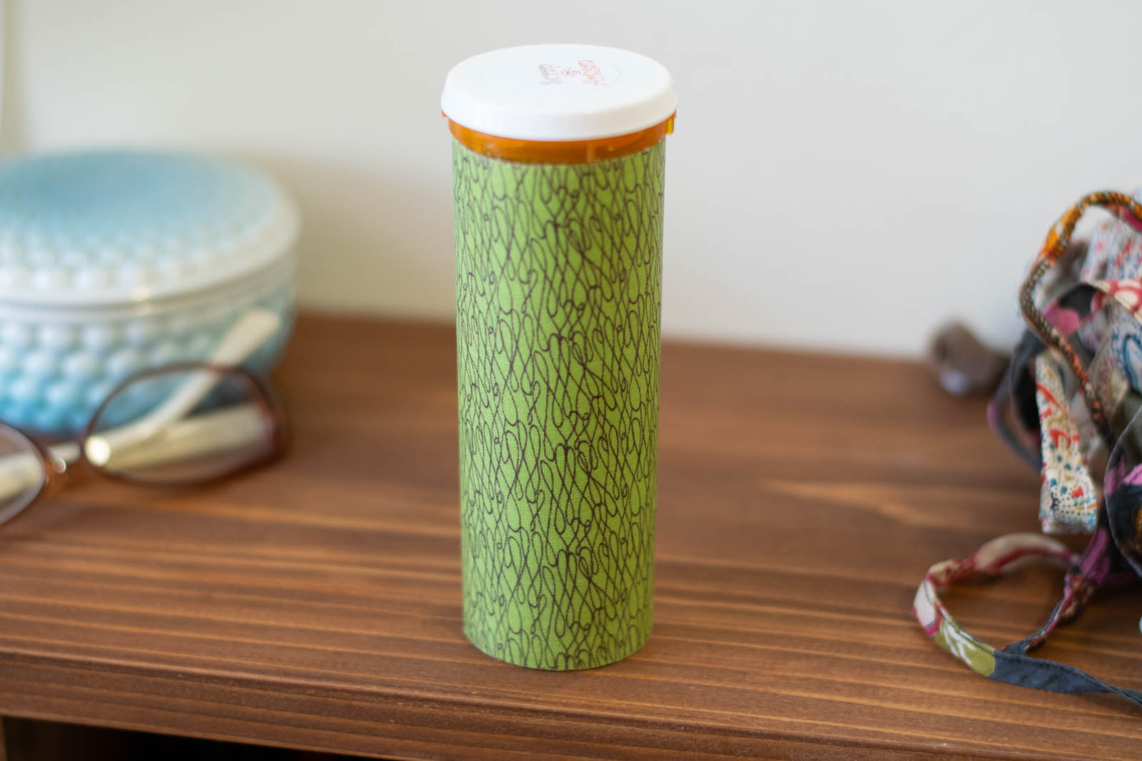 Upcycled Prescription Bottle Sewing Kit — Brown Scribbles on Green, 5.5" high, easy open cap, closed