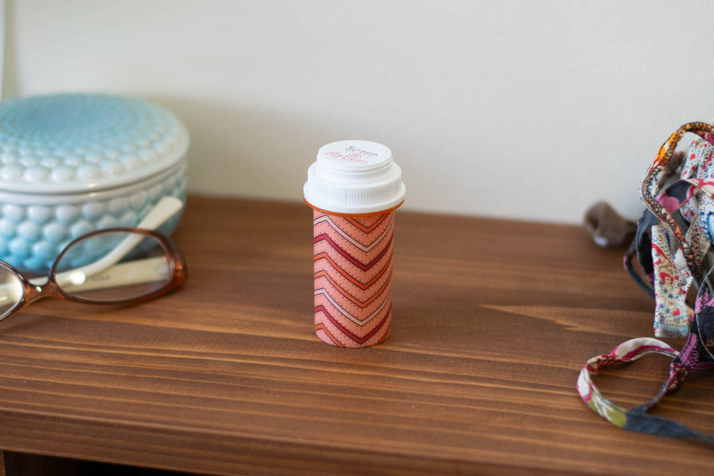 Upcycled Prescription Bottle Sewing Kit — Red and Orange Chevron with Dots on Pink, 3.25" high, closed